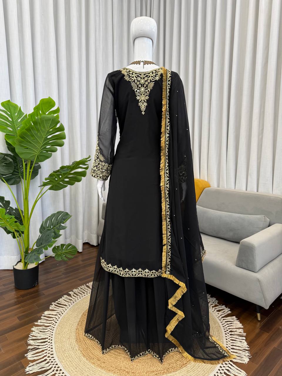 Black Georgette Palazzo Suit with Thread and Sequence Embroidery