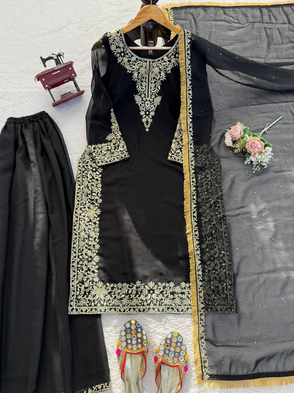 Black Georgette Palazzo Suit with Thread and Sequence Embroidery