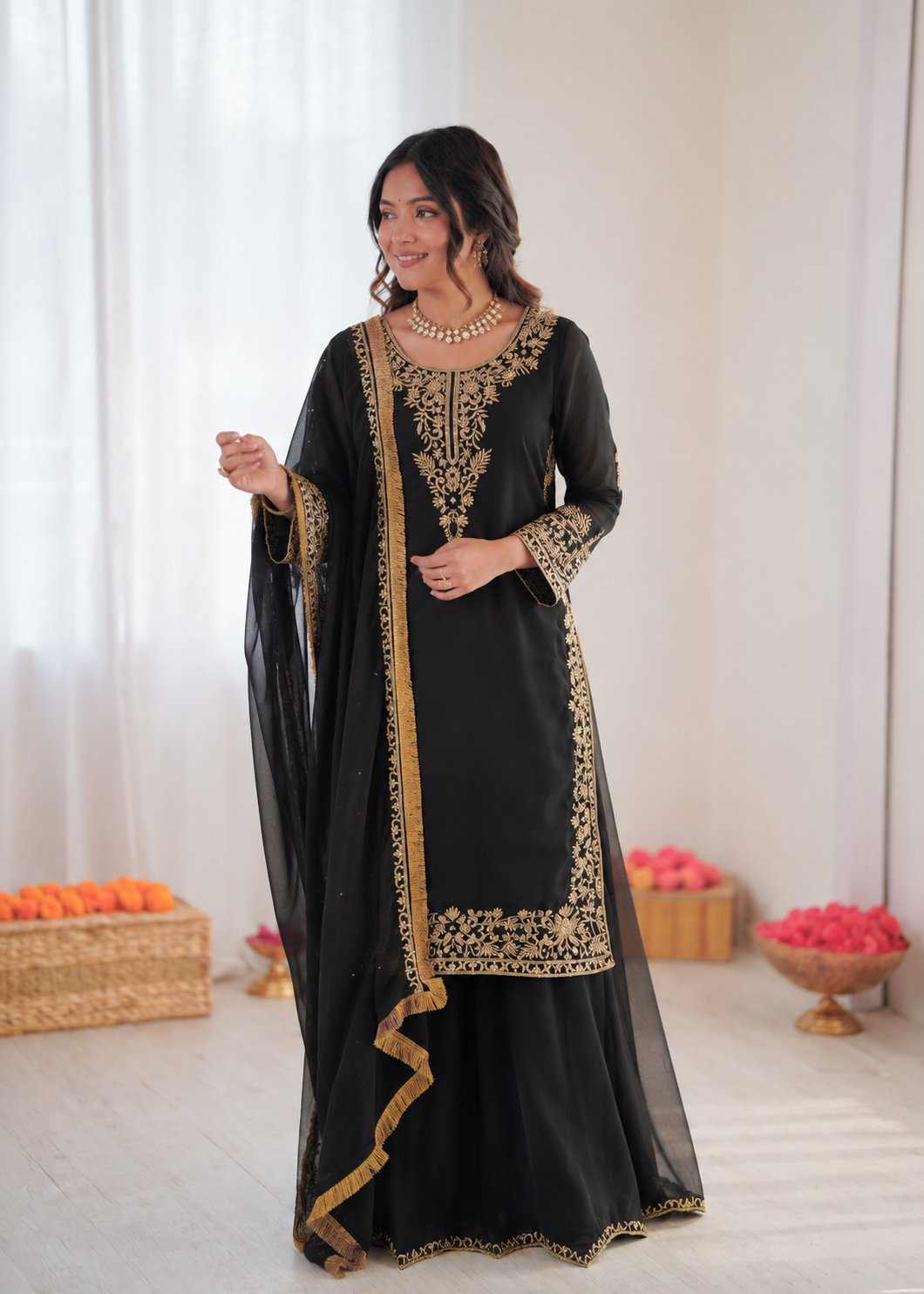 Black georgette palazzo suit with thread and sequence embroidery for women