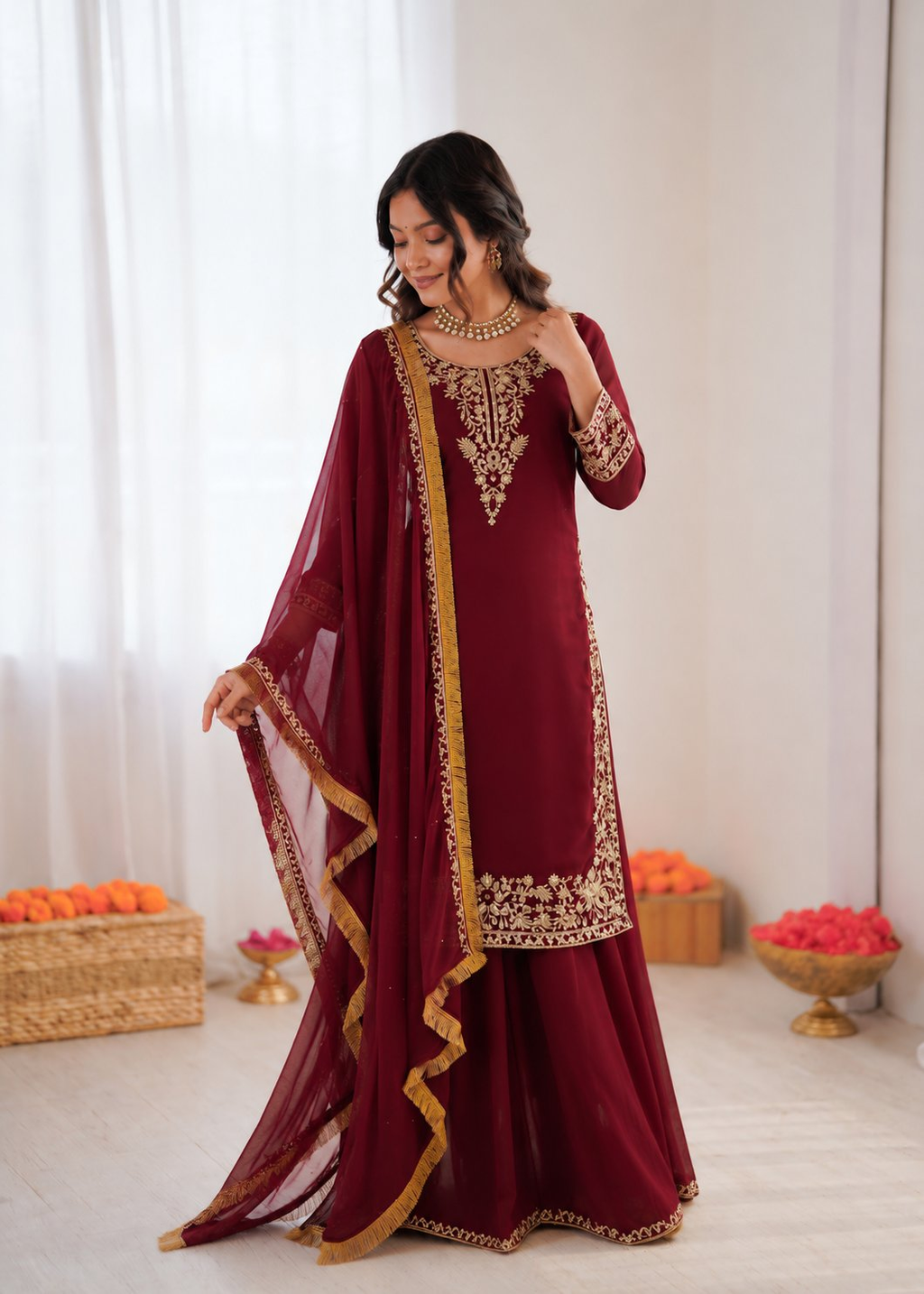 Maroon Georgette Palazzo Suit with Thread and Sequence Embroidery