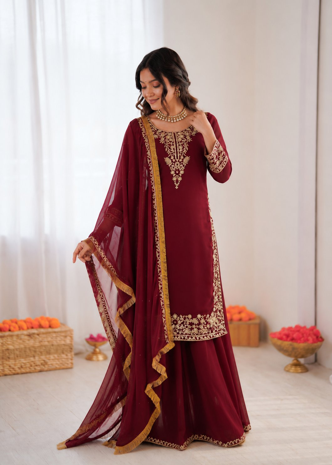 Maroon Georgette Palazzo Suit with Thread and Sequence Embroidery