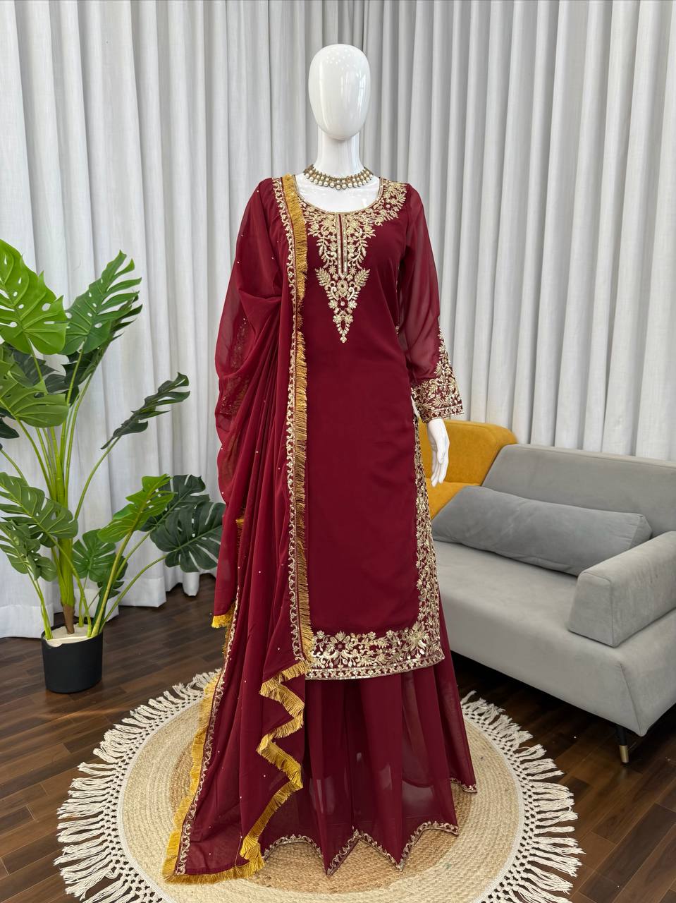 Maroon Georgette Palazzo Suit with Thread and Sequence Embroidery