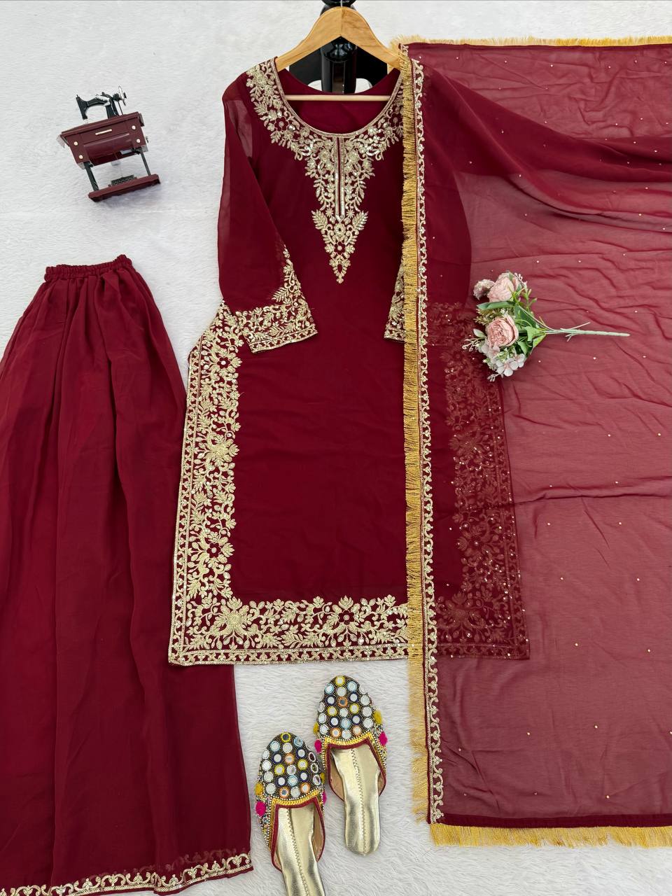 Maroon Georgette Palazzo Suit with Thread and Sequence Embroidery