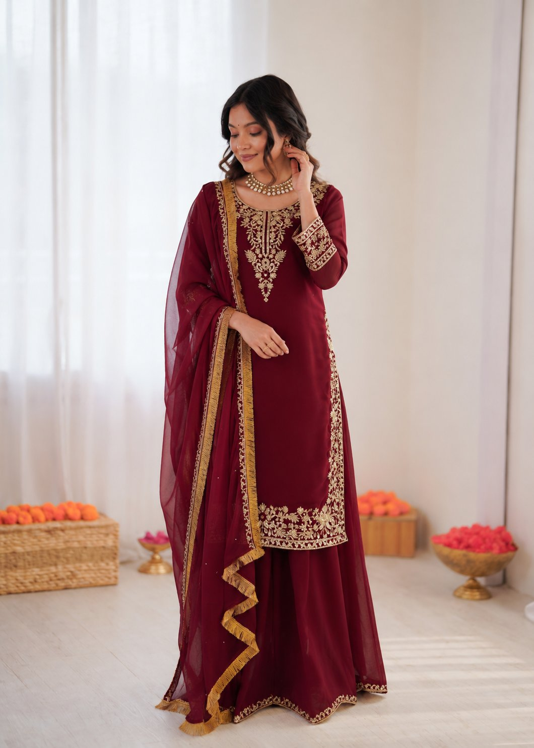 Elegant maroon georgette palazzo suit with intricate thread and sequence embroidery