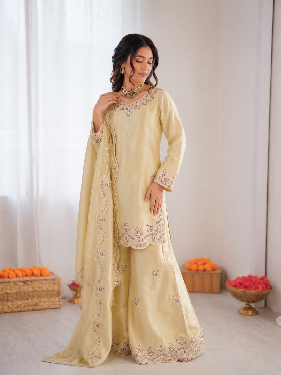 Cream Art Silk Palazzo Suit with Intricate Thread Embroidery