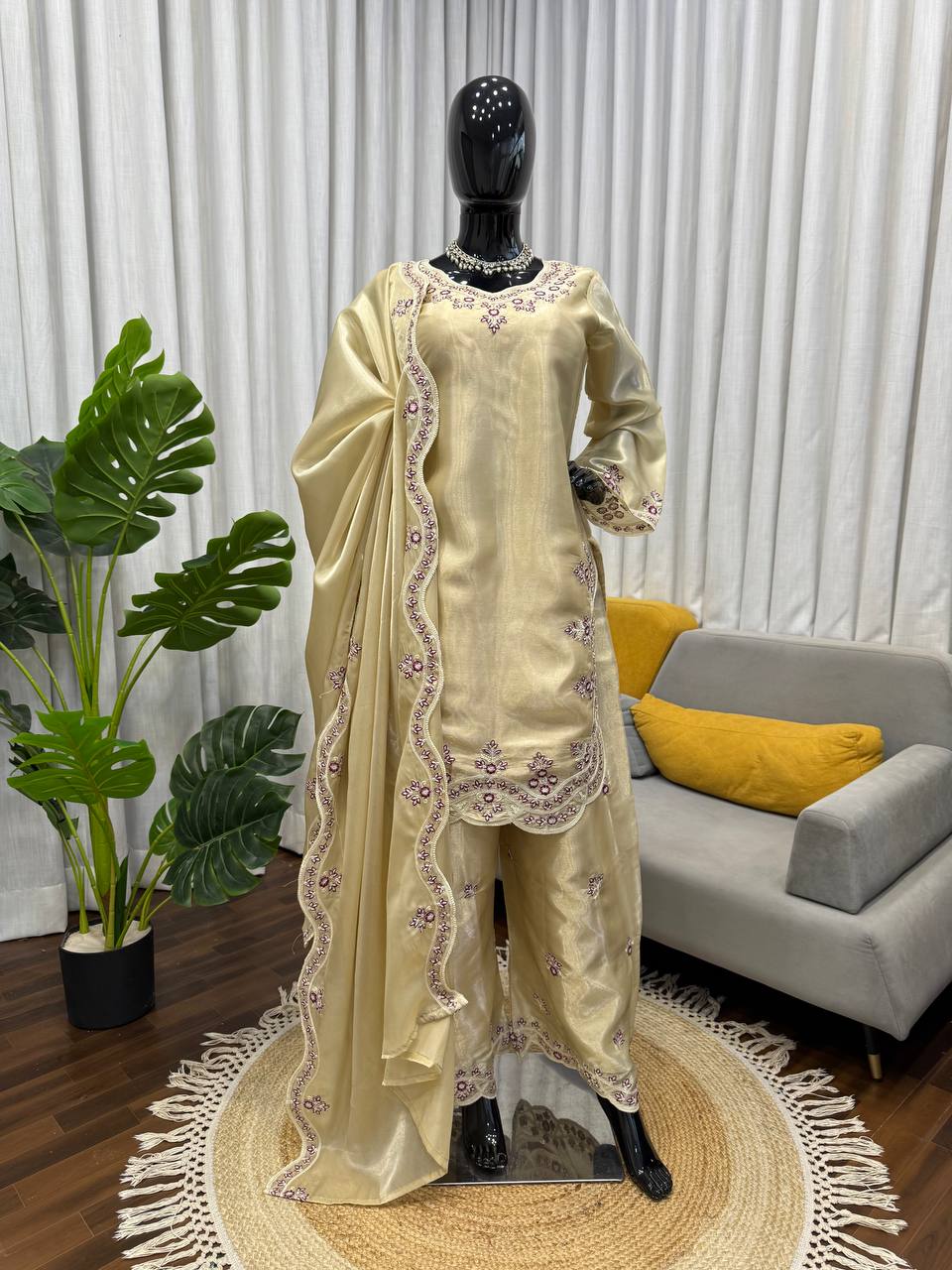 Cream Art Silk Palazzo Suit with Intricate Thread Embroidery