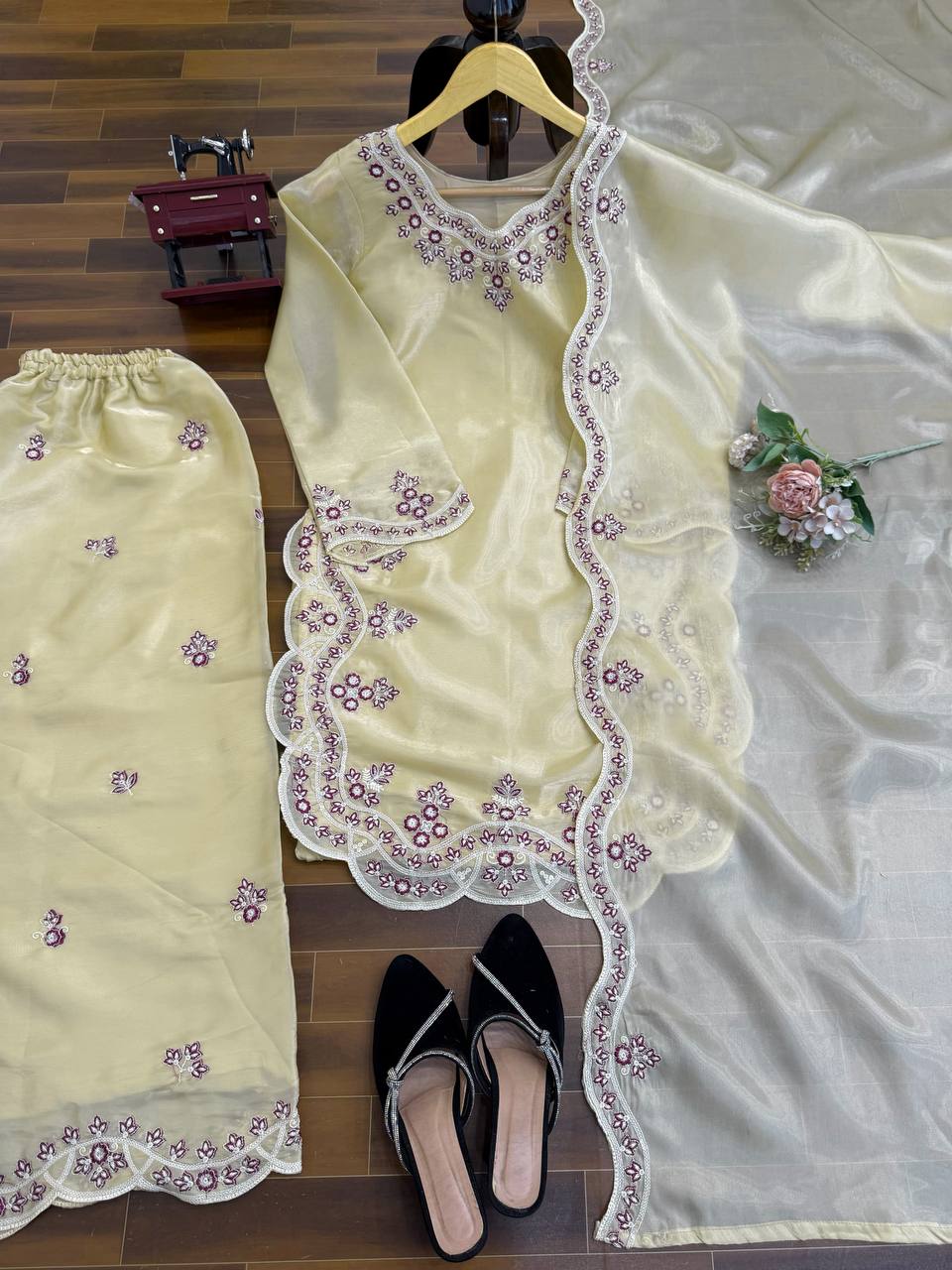 Elegant cream Art Silk designer palazzo suit with thread embroidery and matching dupatta