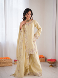Cream Art Silk Palazzo Suit with Intricate Thread Embroidery