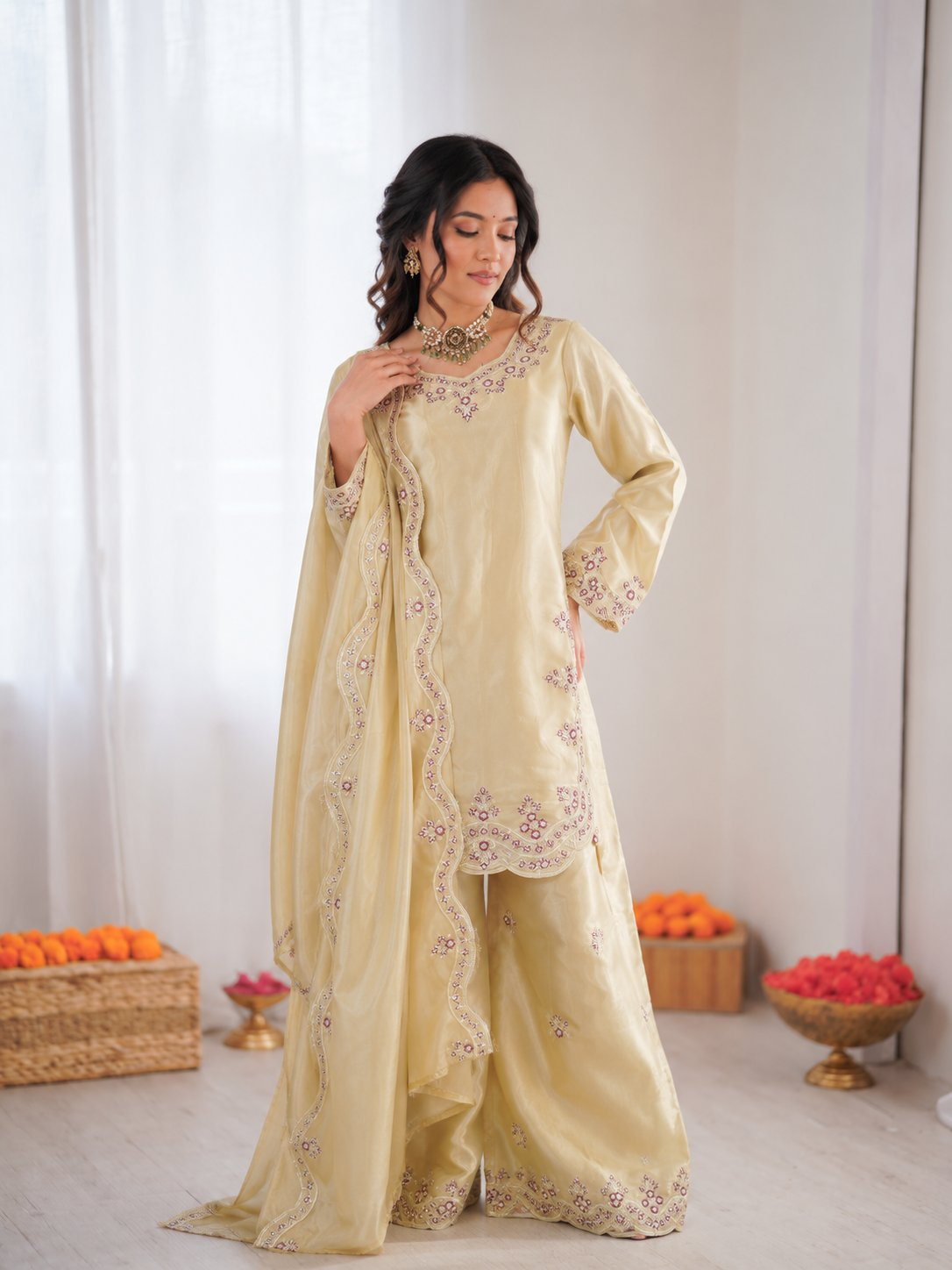 Cream Art Silk Palazzo Suit with Intricate Thread Embroidery