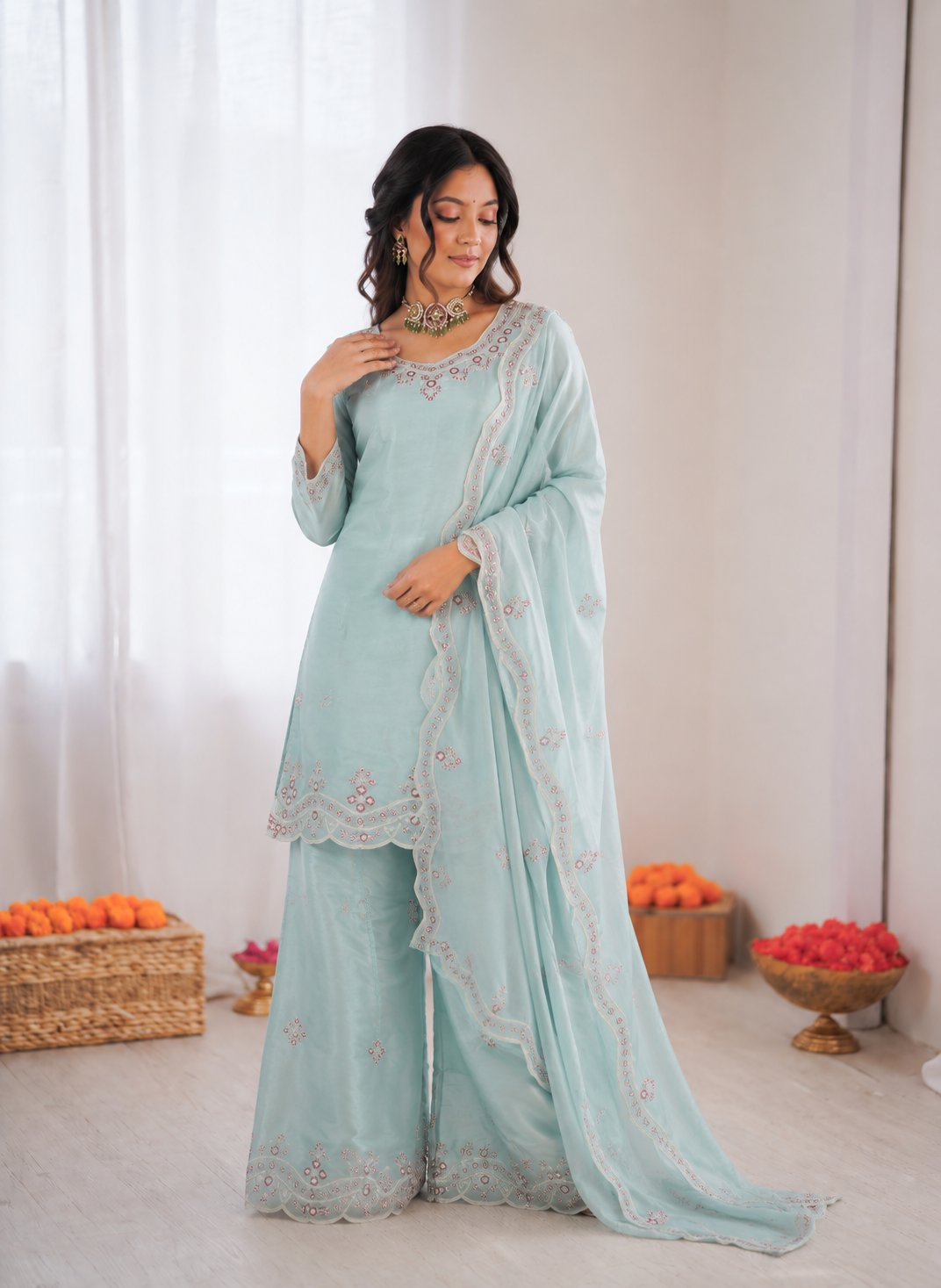 Light Sky Blue Art Silk Palazzo suit with elegant thread work embroidery