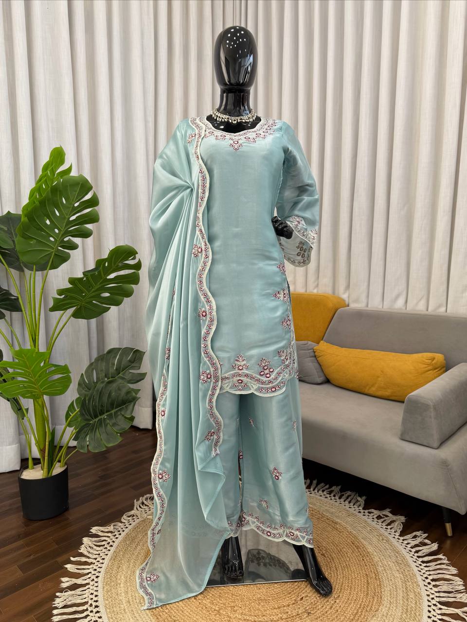 Light Sky Blue Art Silk Palazzo Suit with Intricate Thread Work