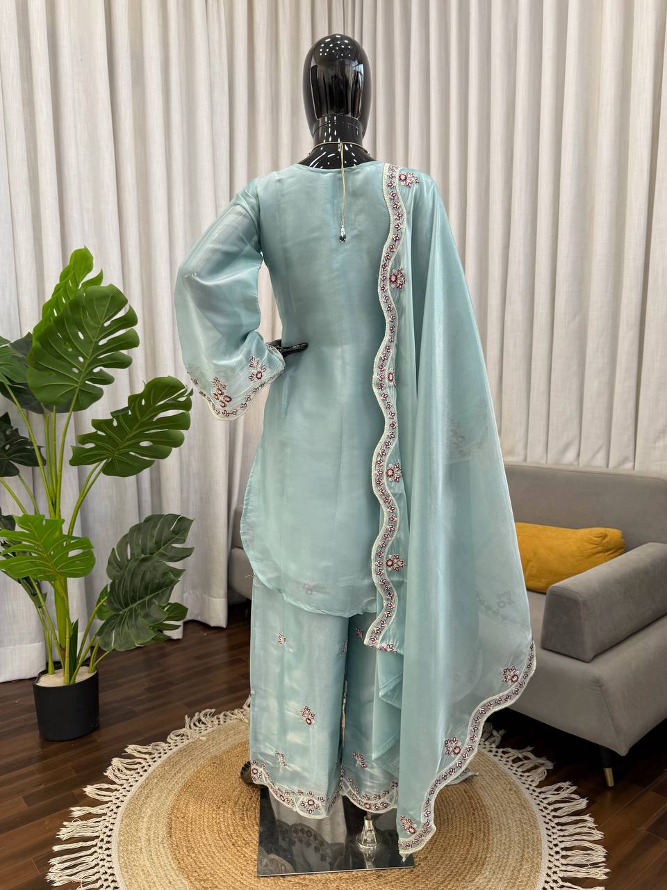 Light Sky Blue Art Silk Palazzo Suit with Intricate Thread Work