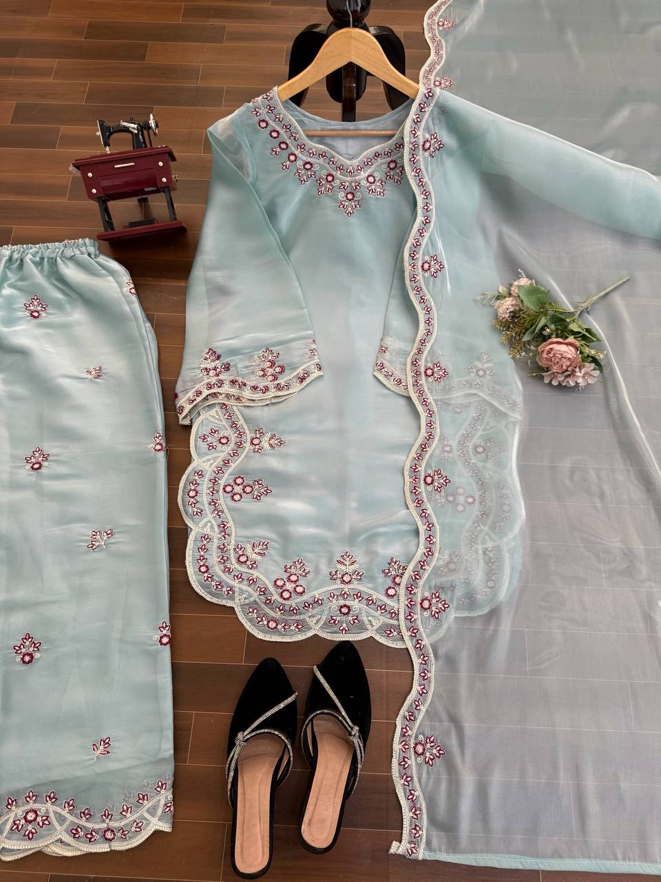 Light Sky Blue Art Silk Palazzo Suit with Intricate Thread Work
