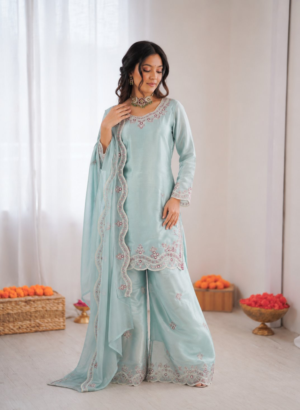 Light Sky Blue Art Silk Palazzo Suit with Intricate Thread Work