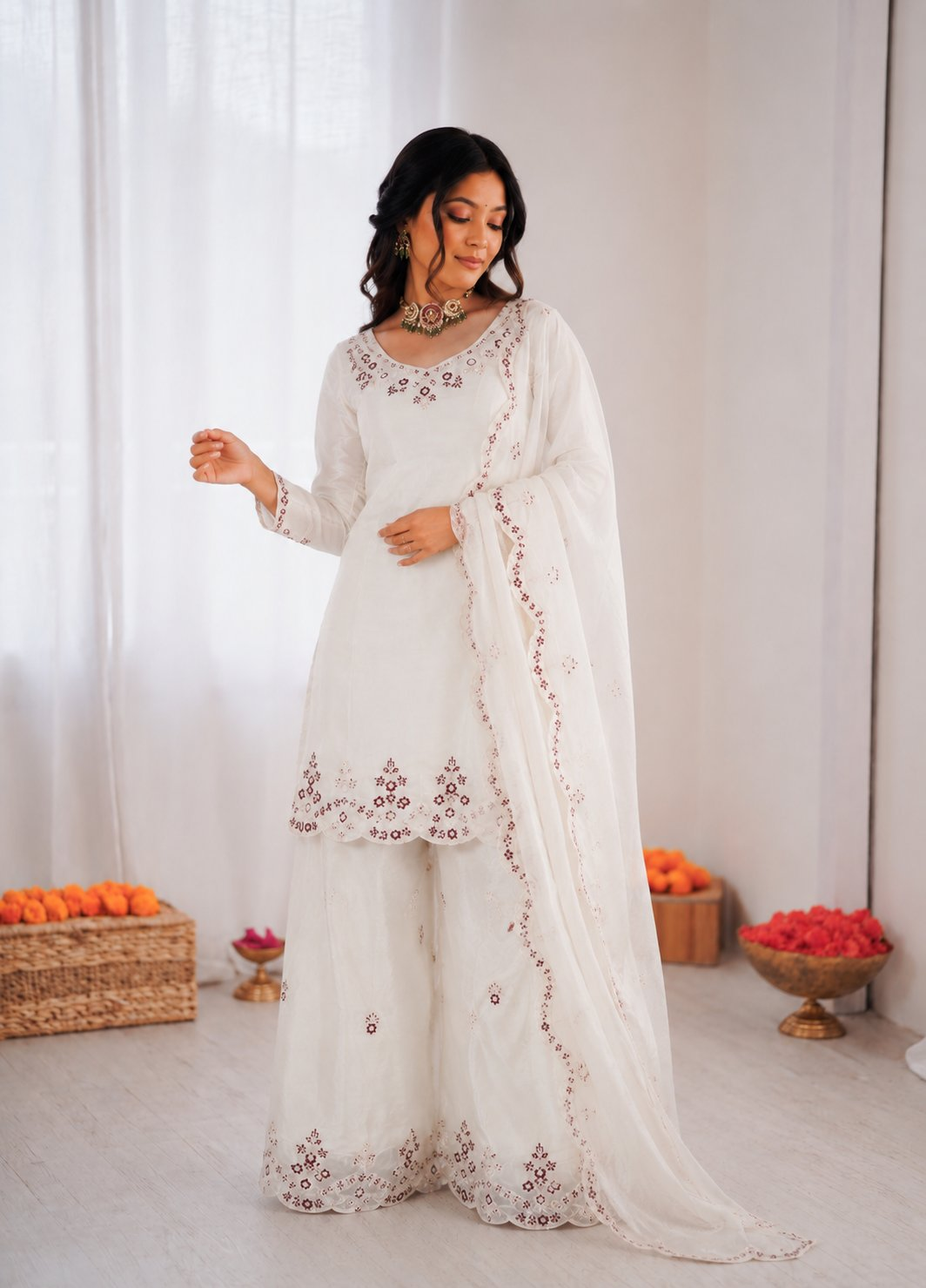 Model wearing an elegant off-white art silk palazzo suit with detailed thread embroidery.