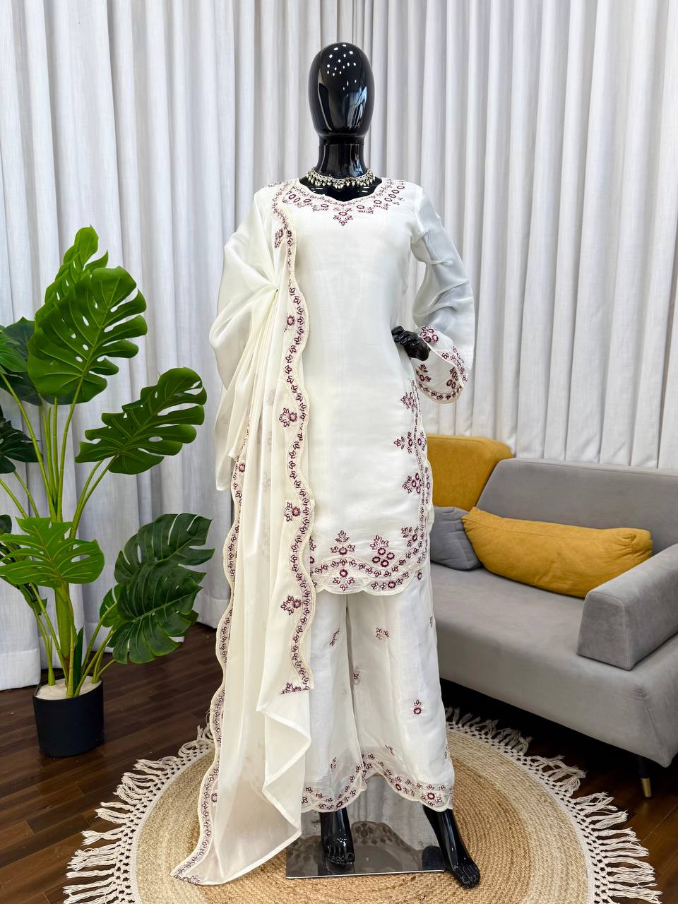 Off White Art Silk Thread Work Designer Palazzo Suit Set