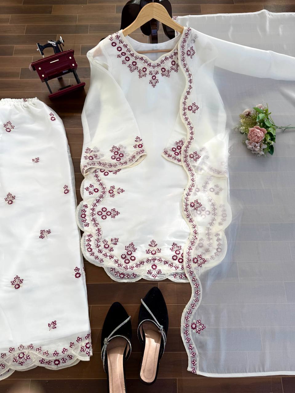 Off White Art Silk Thread Work Designer Palazzo Suit Set