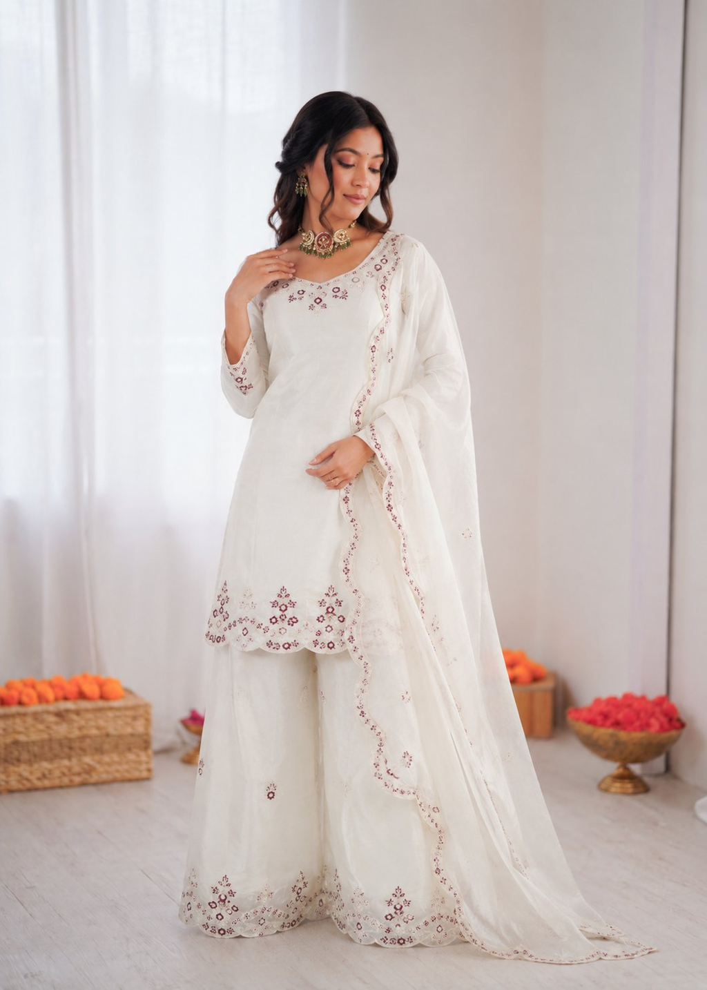 Off White Art Silk Thread Work Designer Palazzo Suit Set