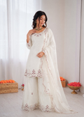 Off White Art Silk Thread Work Designer Palazzo Suit Set