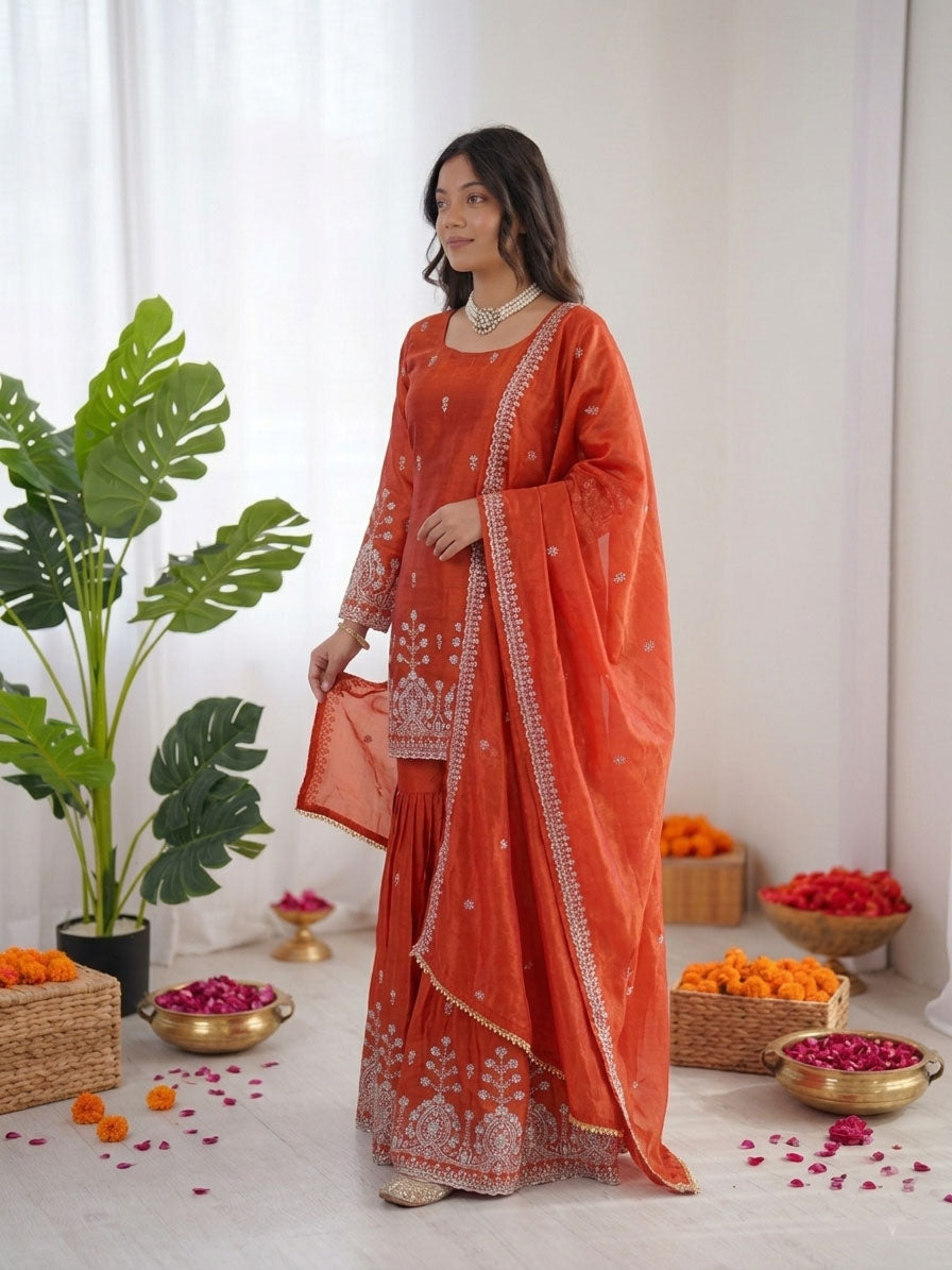 Rust Orange Art Silk Sharara Suit with Sequence and Thread Work