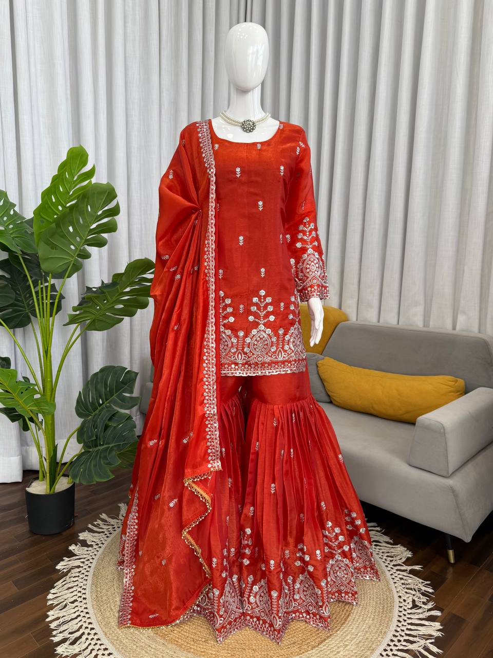 Rust Orange Art Silk Sharara Suit with Sequence and Thread Work