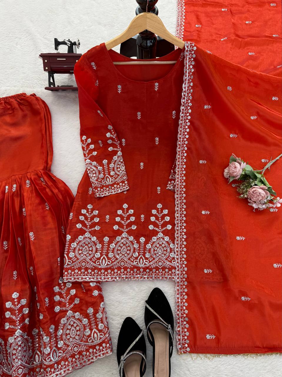 Rust Orange Art Silk Sharara Suit with Sequence and Thread Work