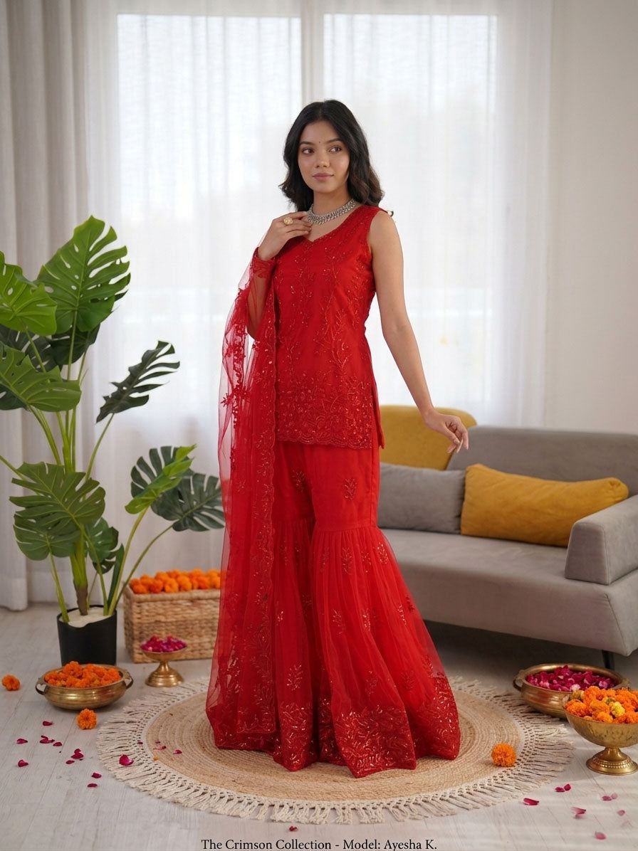 Red net designer sharara suit with V-neck and sequence thread work