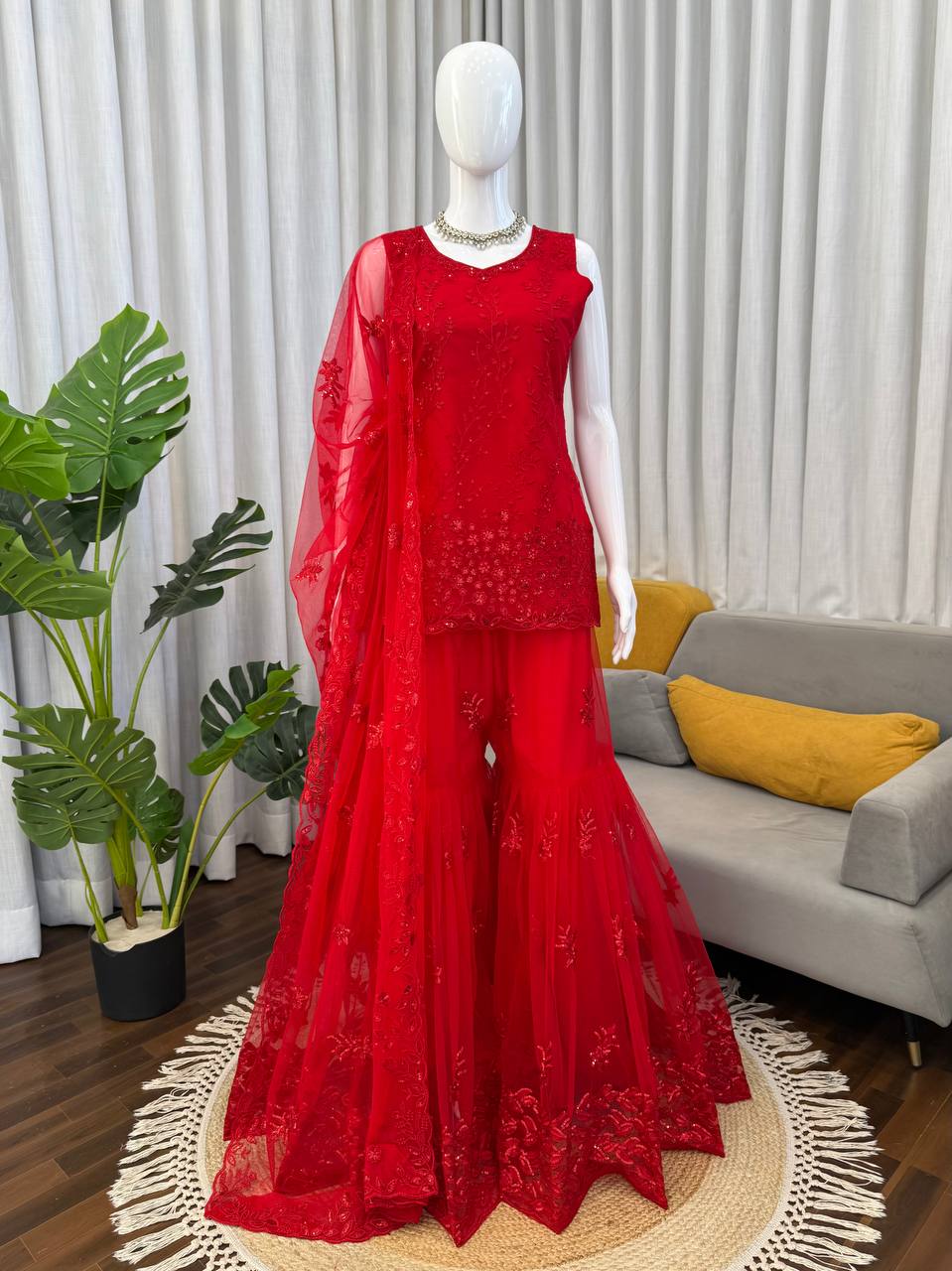 Red Net Designer Sharara Suit with Sequence & Thread Embroidery