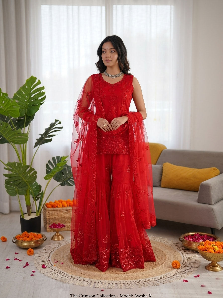 Red Net Designer Sharara Suit with Sequence & Thread Embroidery