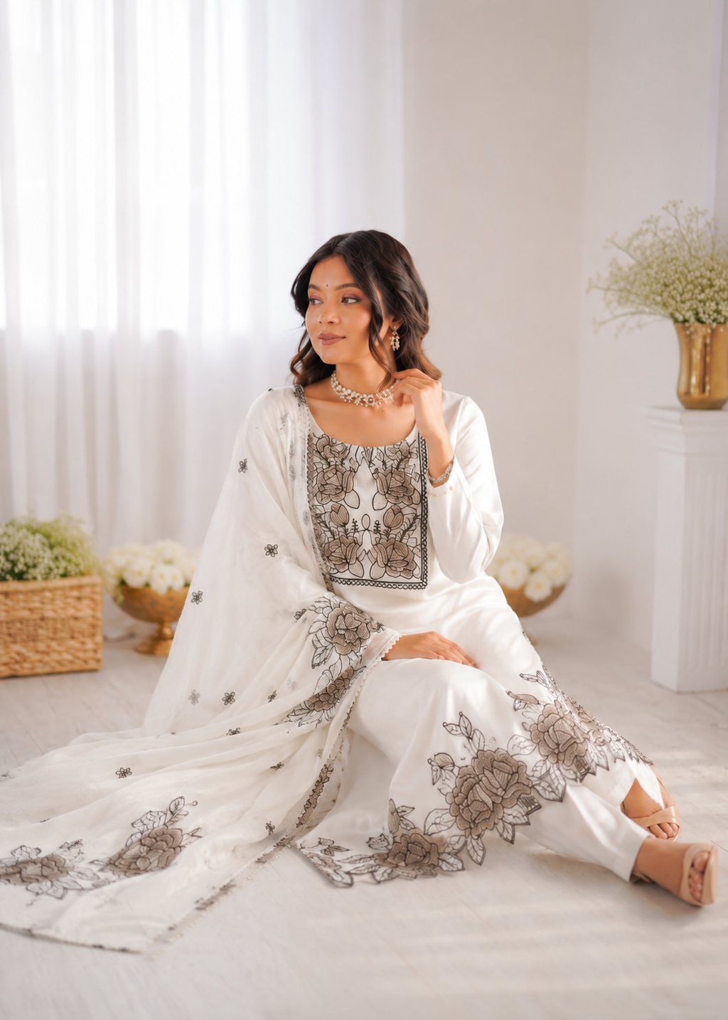 Off White Art Silk Thread Work Designer Salwar Suit Set