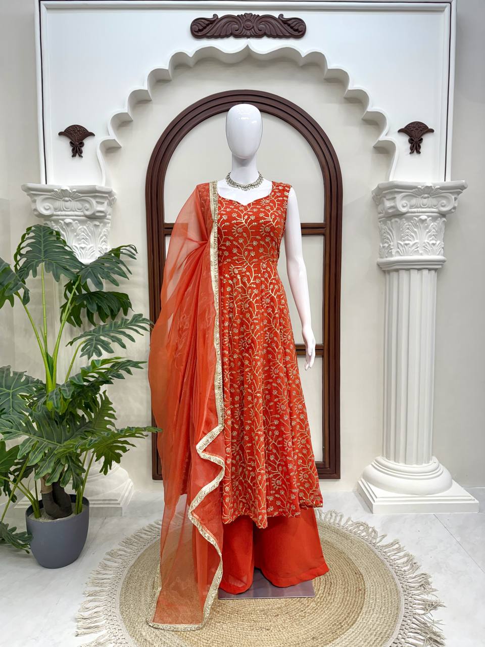 Rust Orange Georgette Palazzo Suit with Sequence & Thread Work
