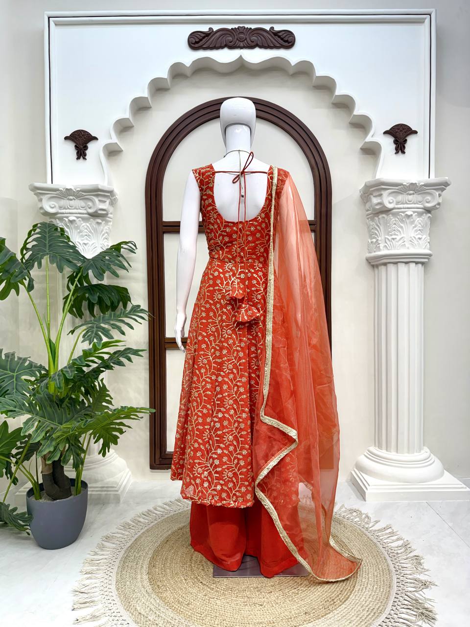 Rust Orange Georgette Palazzo Suit with Sequence & Thread Work