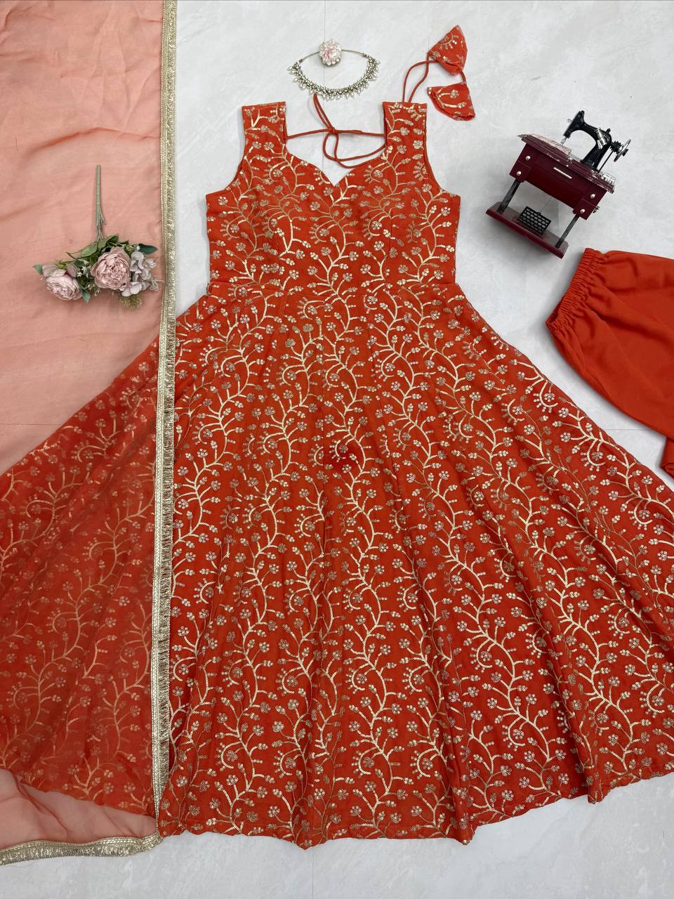 Rust Orange Georgette Palazzo Suit with Sequence & Thread Work