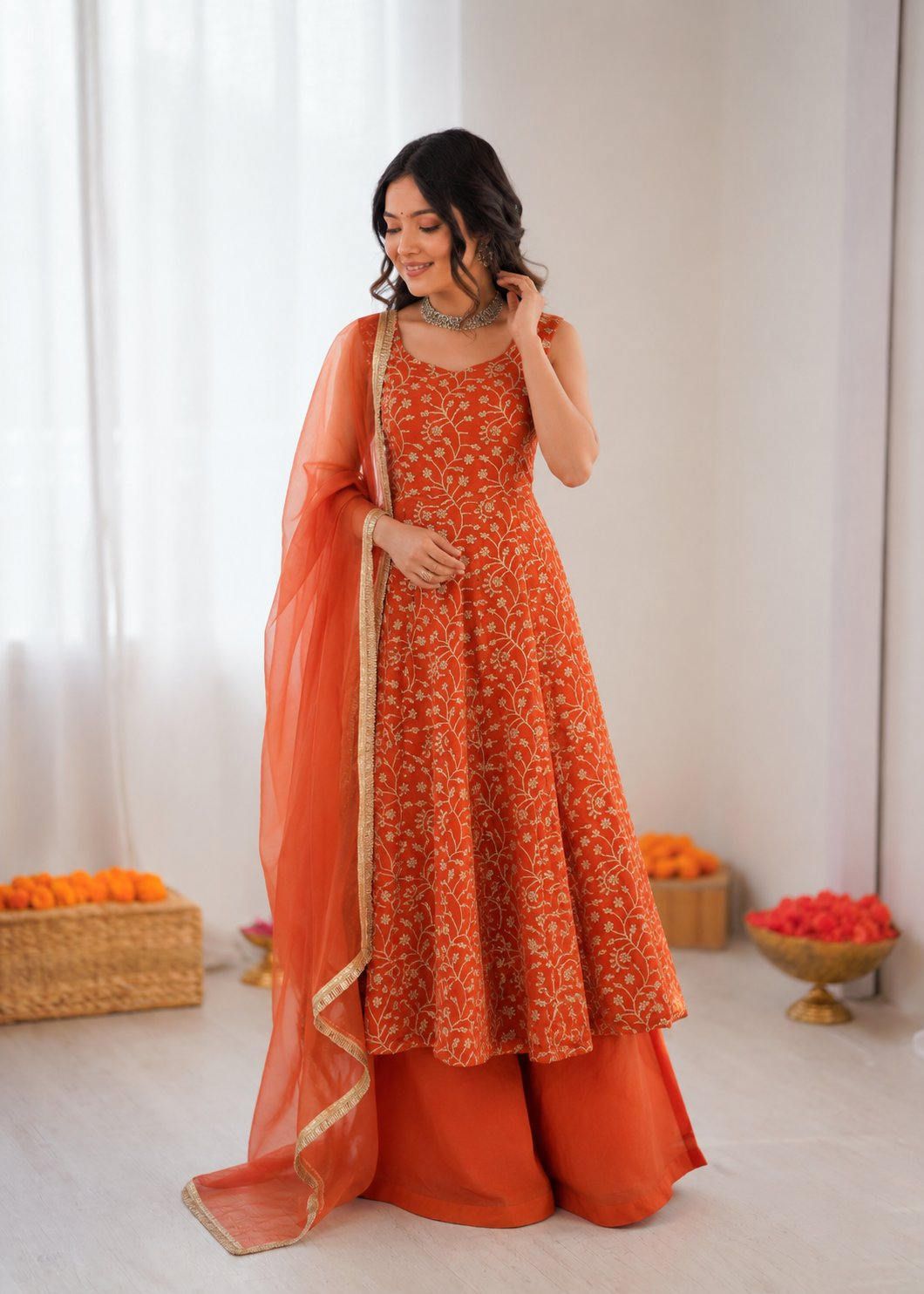 Rust Orange Georgette Palazzo suit with sequence detailing
