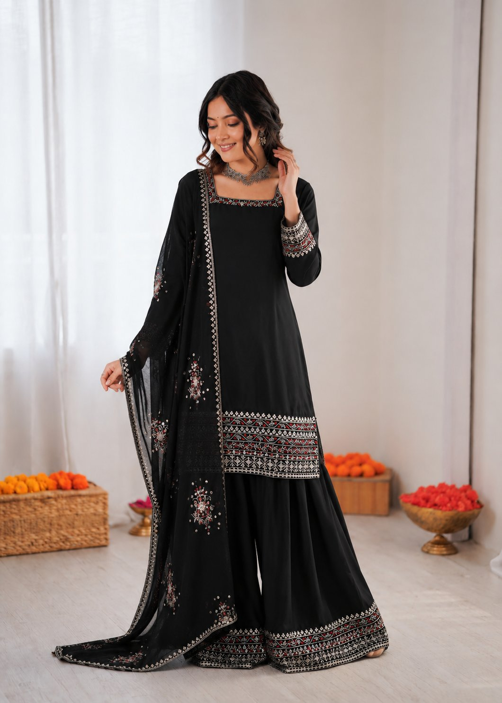 Black Crepe Thread & Sequence Work Farshi Palazzo Suit Set