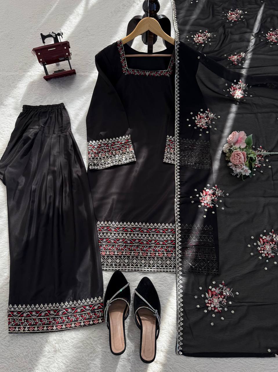 Black Crepe Thread & Sequence Work Farshi Palazzo Suit Set
