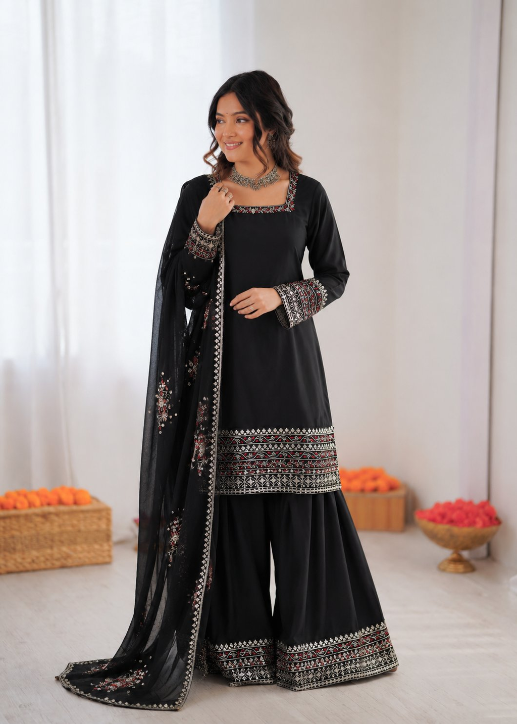 Black Crepe Thread & Sequence Work Farshi Palazzo Suit Set
