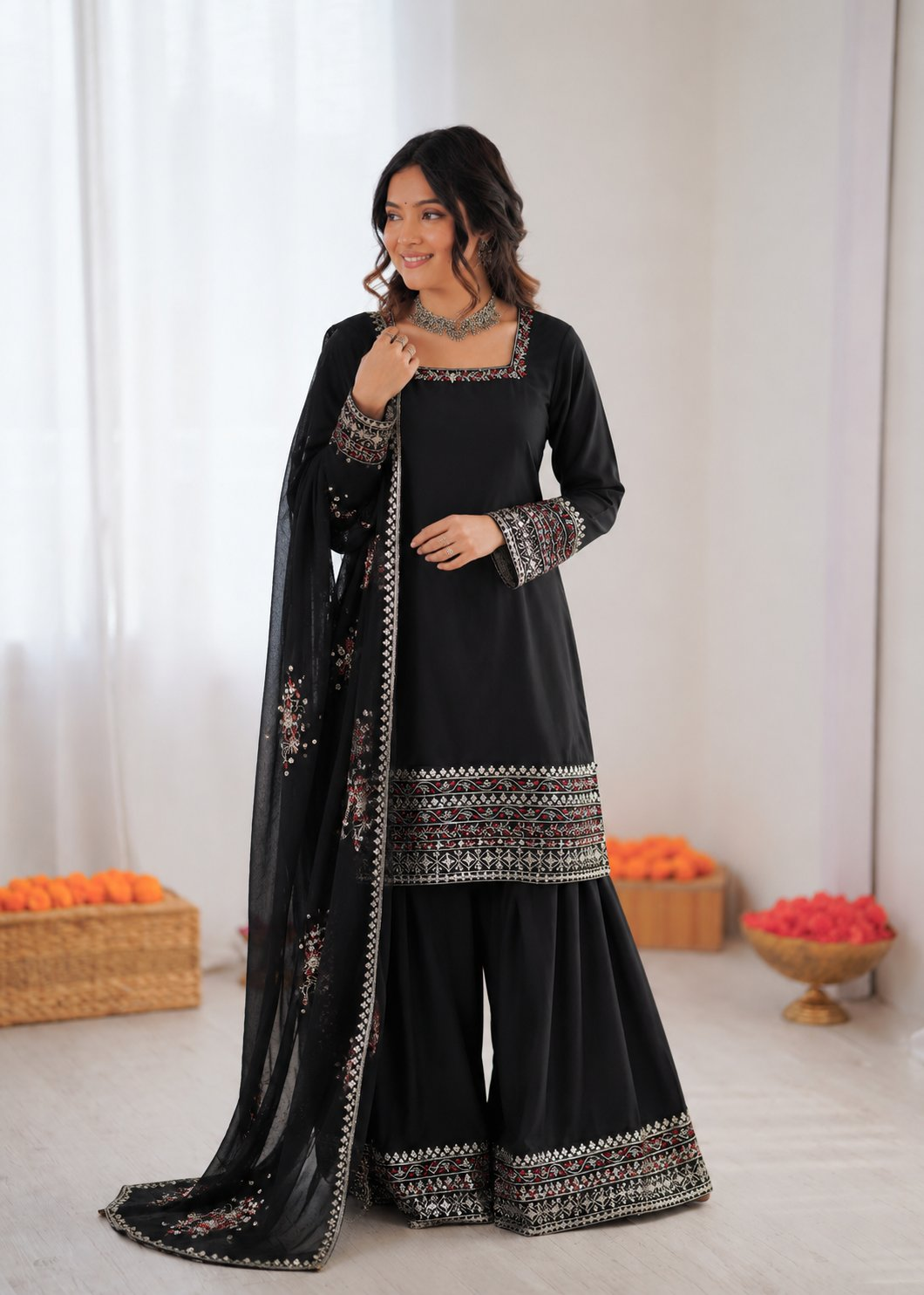 Black Crepe Thread & Sequence Work Farshi Palazzo Suit Set