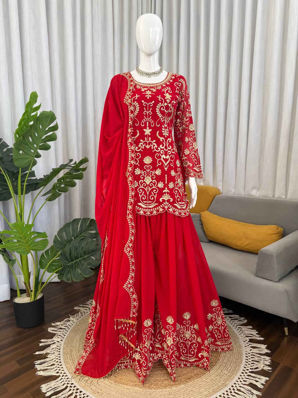 Red Georgette Thread Work Designer Sharara Suit Set