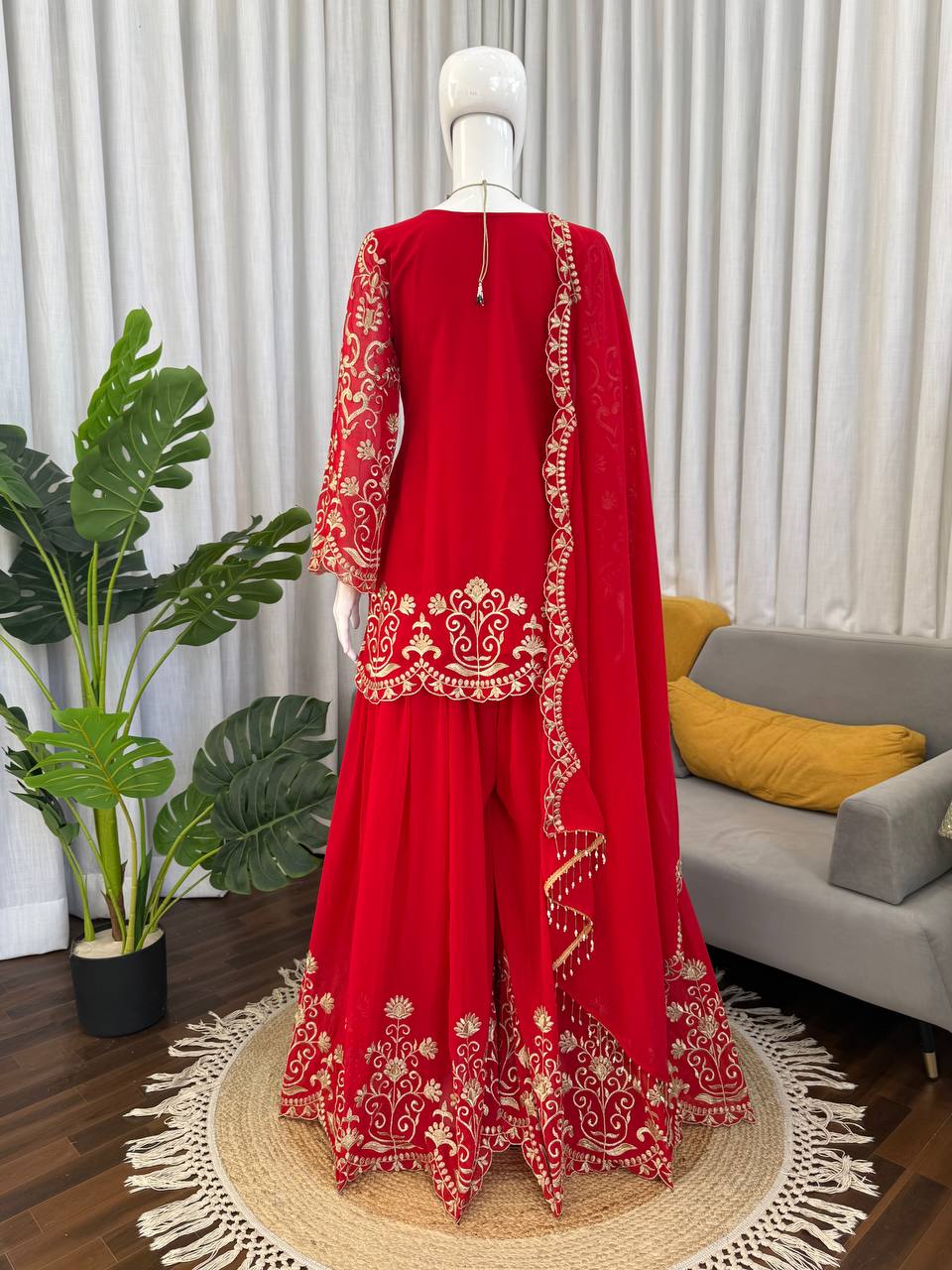 Red Georgette Thread Work Designer Sharara Suit Set