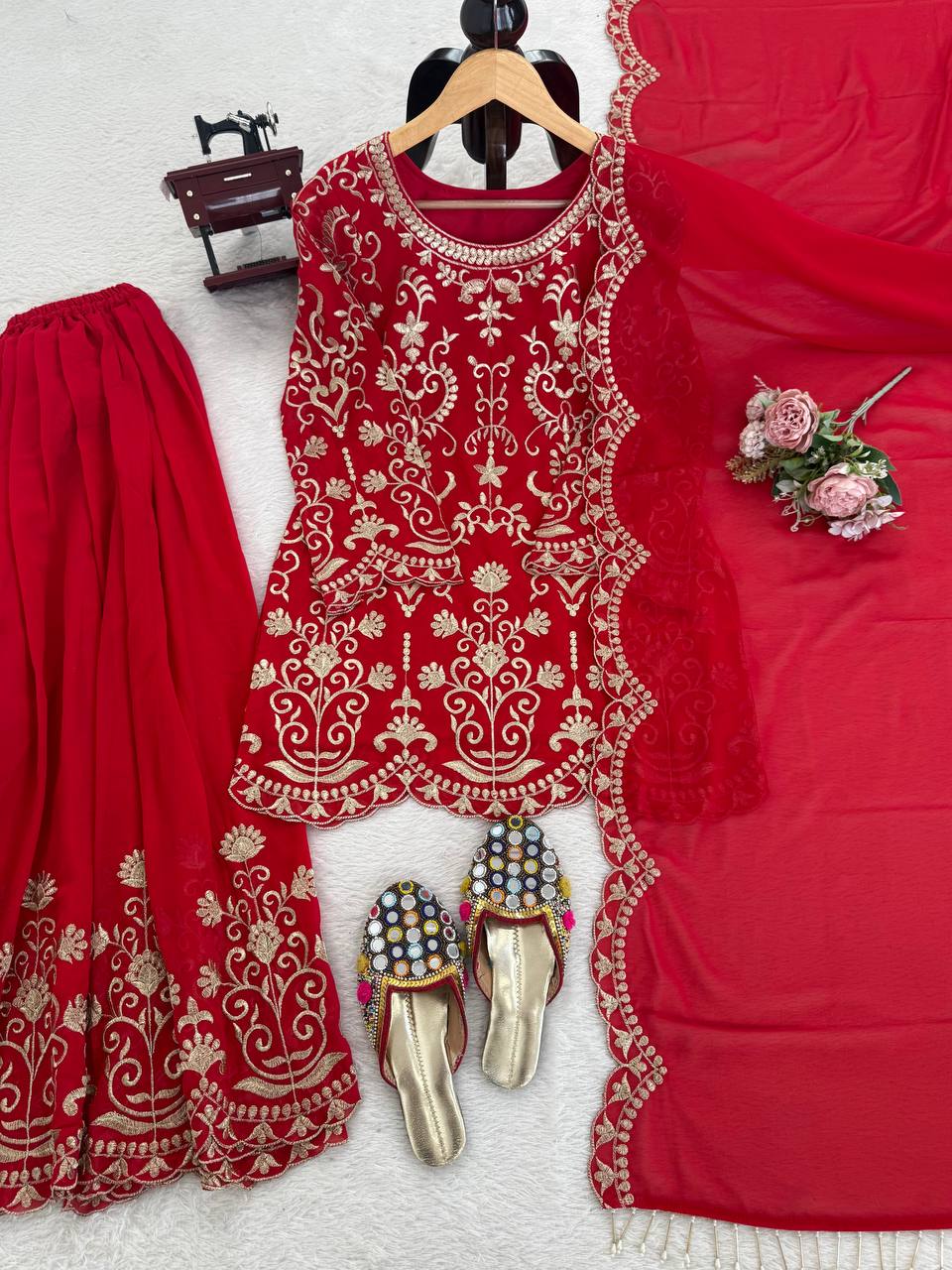 Red Georgette Thread Work Designer Sharara Suit Set