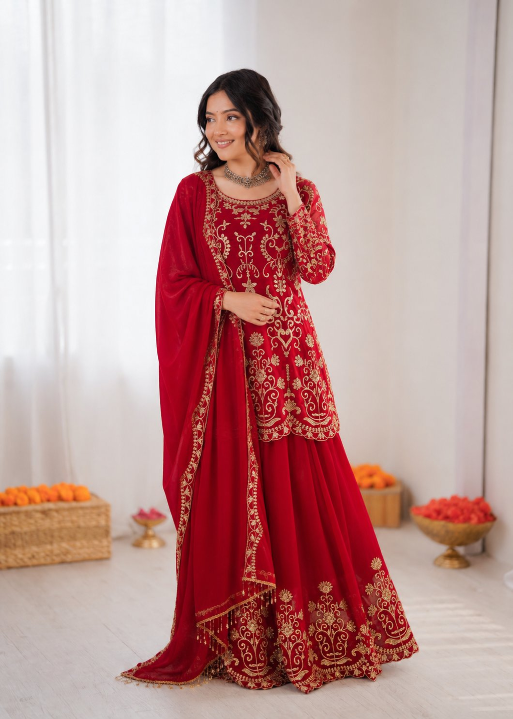 Vibrant red georgette designer sharara suit with intricate thread embroidery work.
