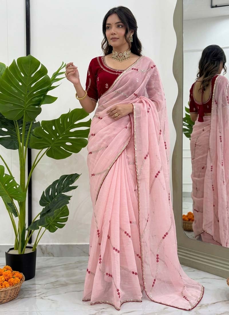 Baby Pink Ready-to-Wear Crunchy Silk Saree for Kids Party Wear