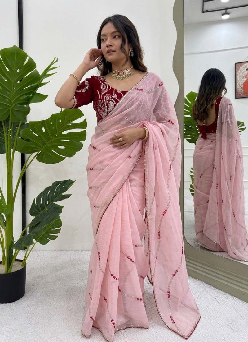 Baby Pink Ready-to-Wear Crunchy Silk Saree for Kids Party Wear