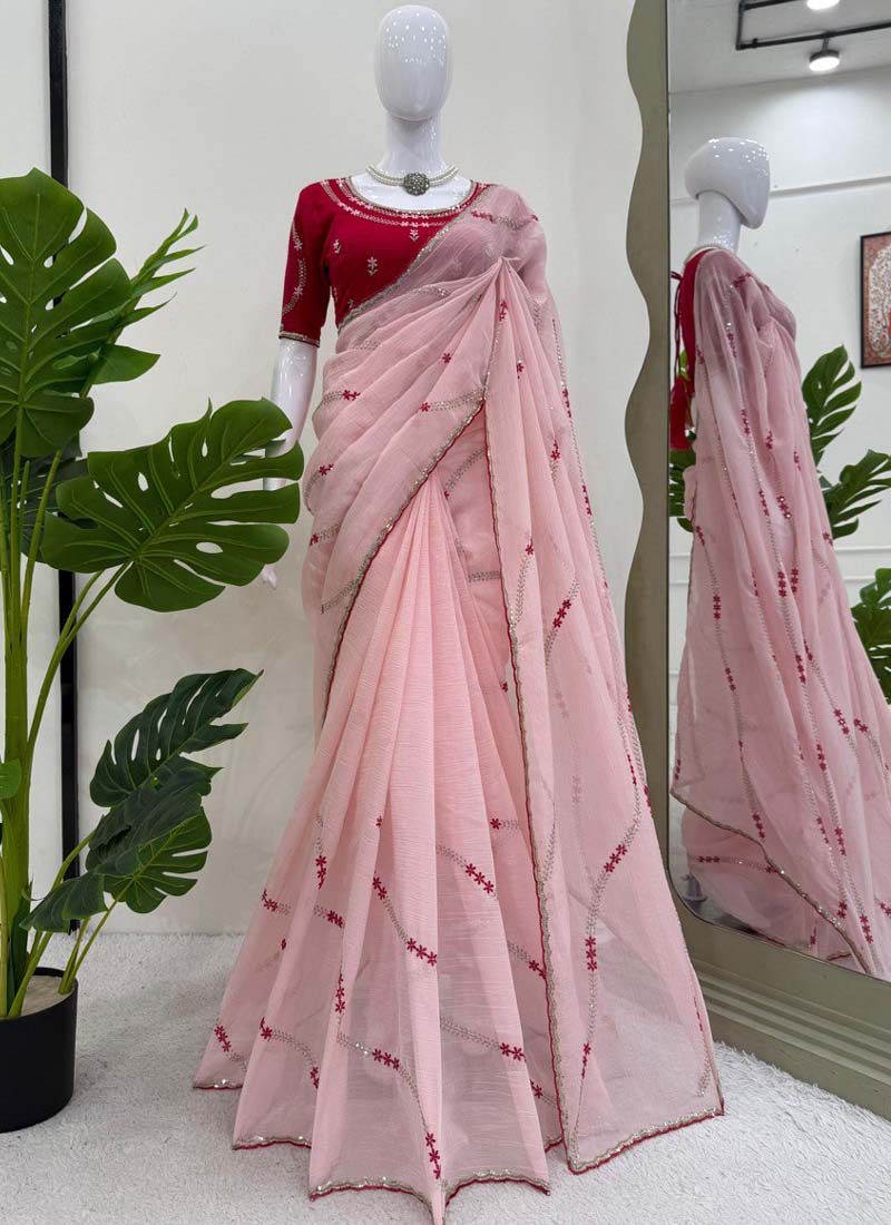 Baby Pink Ready-to-Wear Crunchy Silk Saree for Kids Party Wear