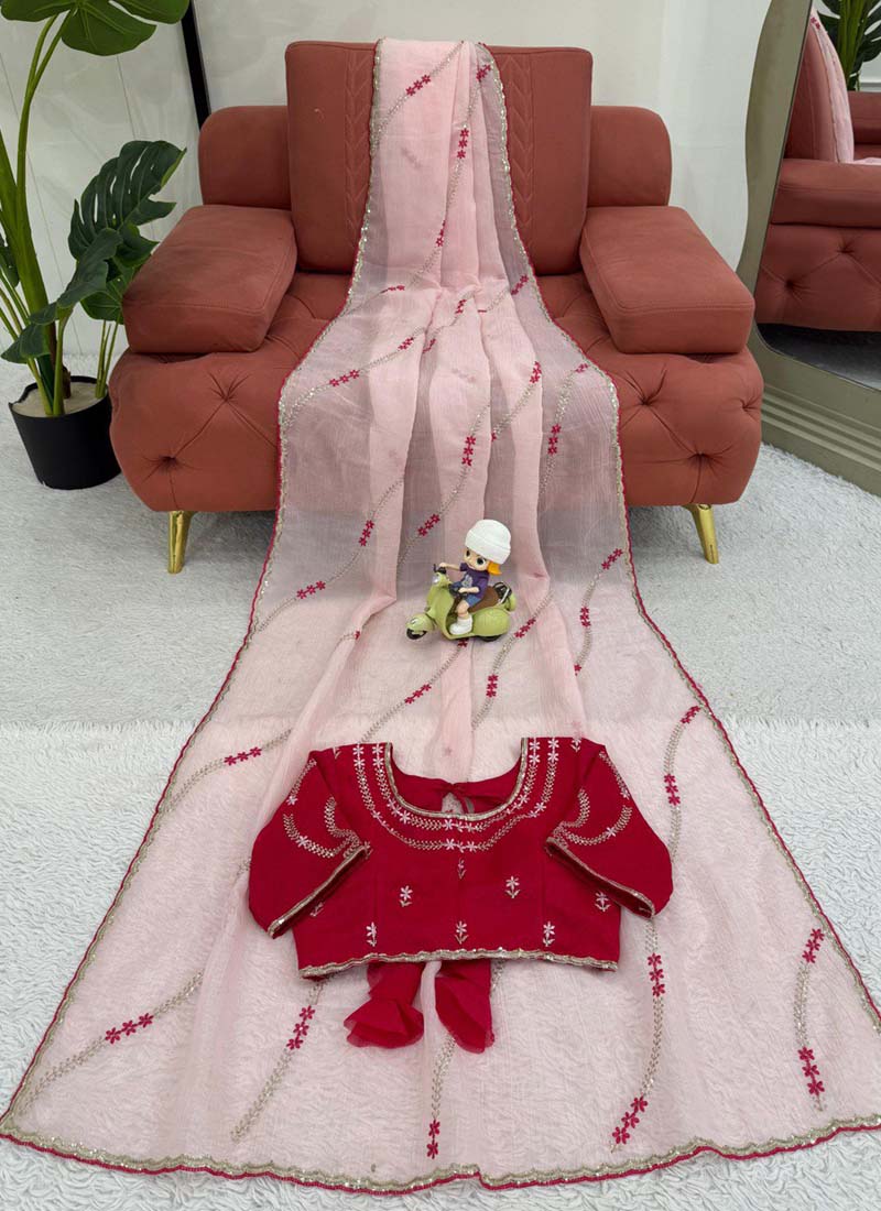 Baby Pink Ready-to-Wear Crunchy Silk Saree for Kids Party Wear