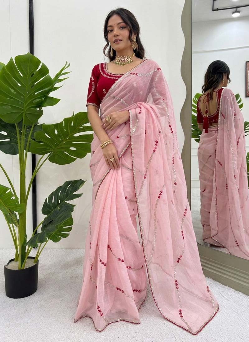 Baby Pink Ready-to-Wear Crunchy Silk Saree for Kids Party Wear