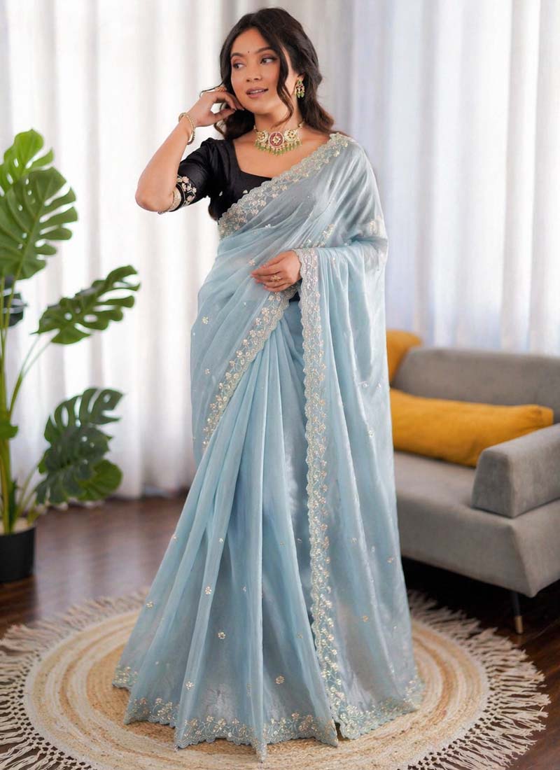 Sky Blue Organza Silk Party Wear Saree with Sequence Work