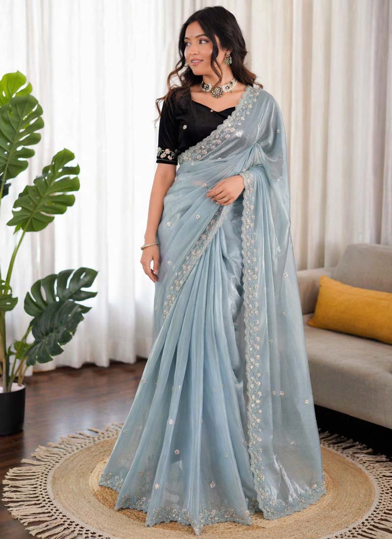 Sky Blue Organza Silk Party Wear Saree with Sequence Work