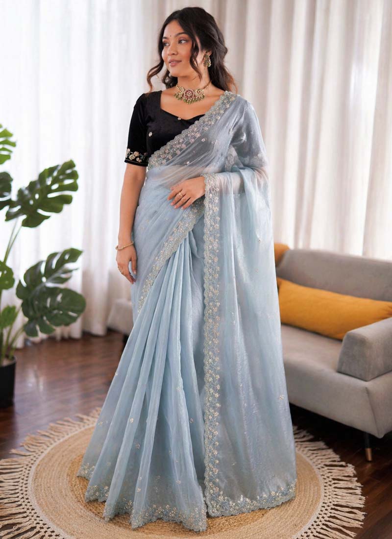 Sky Blue Organza Silk Party Wear Saree with Sequence Work